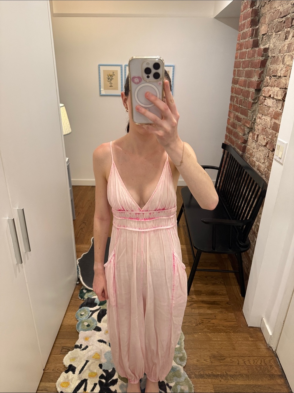 Free People Light Pink V-Neck Spaghetti Strap Jumpsuit